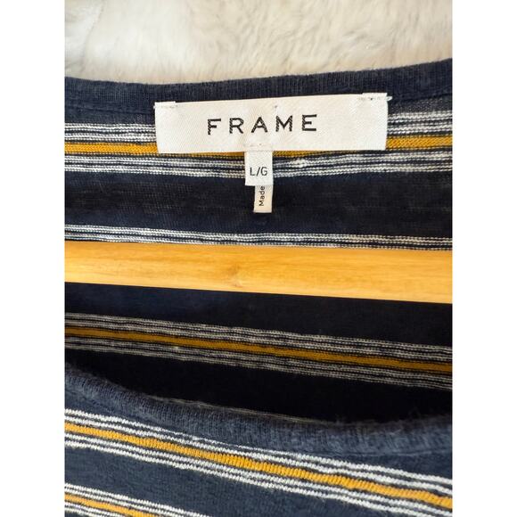 FRAME 100% Linen Short Sleeve Baby T-Shirt Navy Yellow Multi Stripe Large - Picture 2 of 7